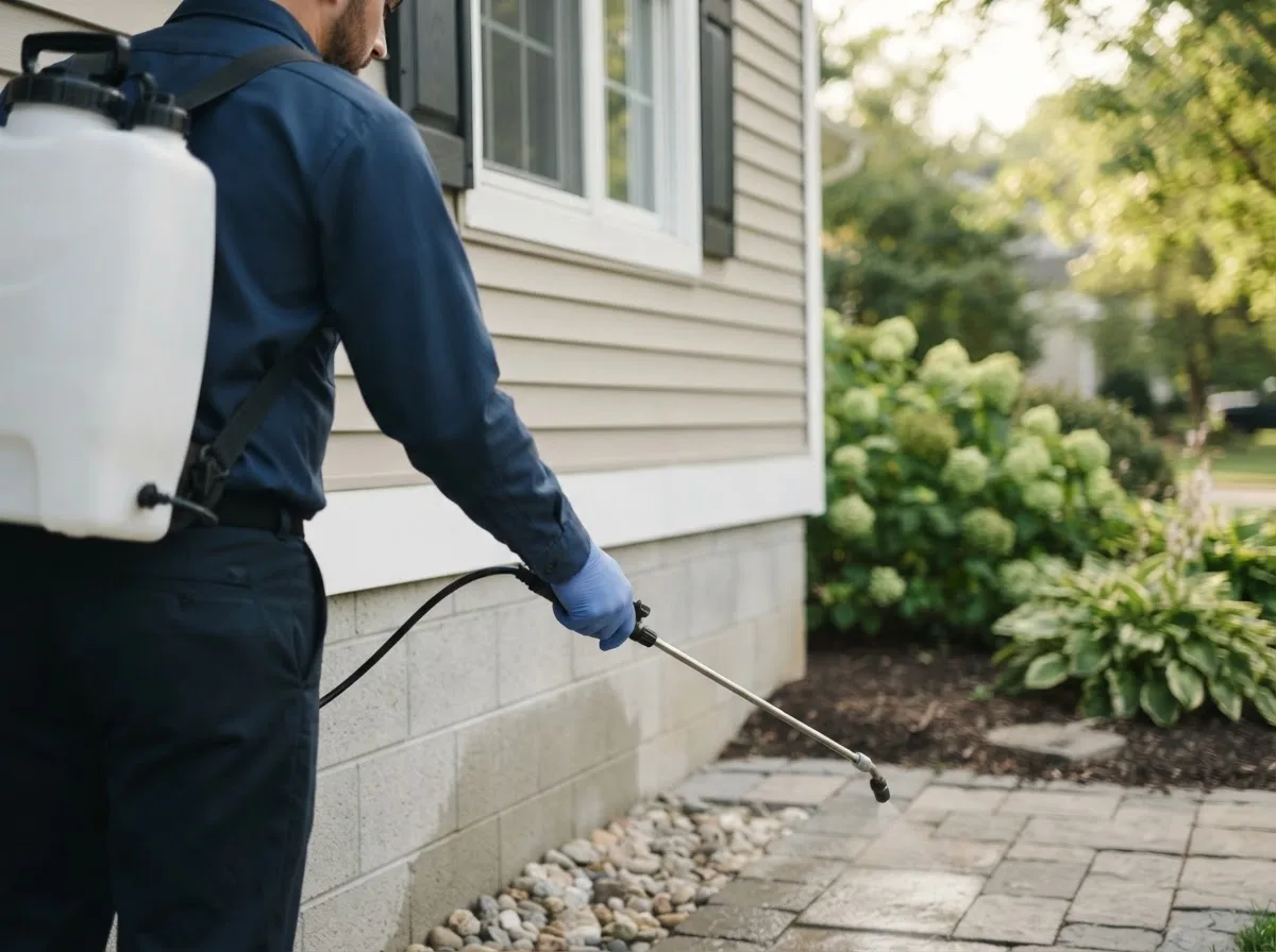 Pest control technician inspecting a home in Greenfield, NH